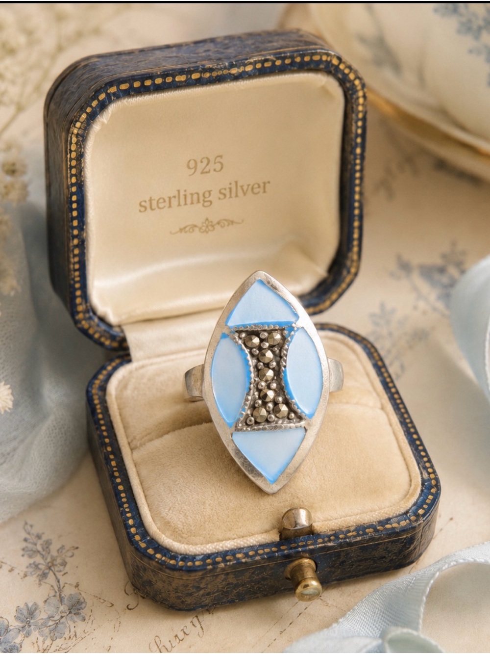 Ring Blue Mother of Pearl Sterling Silver Marcasite Navette Vintage